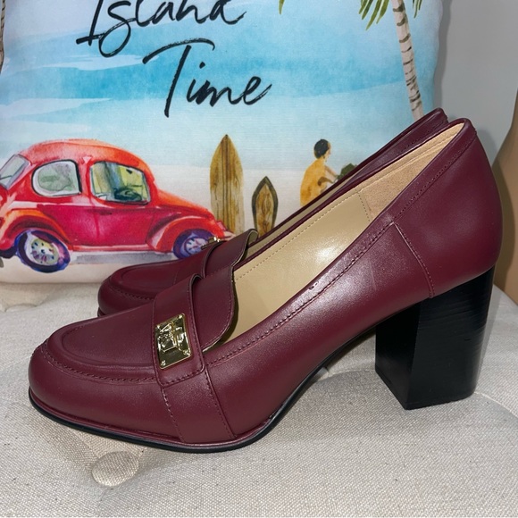Michael Kors NWOB! Leather Merlot Burgundy  Padma Mid Loafer Pumps Block Heel - Picture 4 of 14